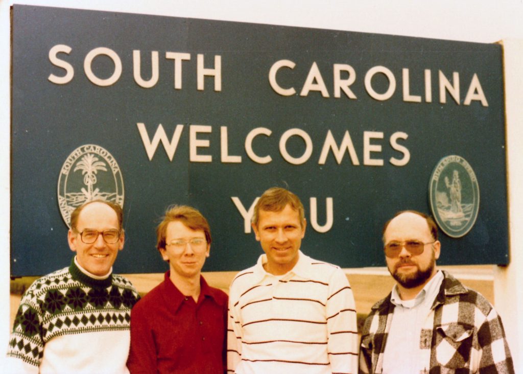 Brothers Paul Cullen, Lawrence Harvey, Joseph Glebas, and James Connolly (left to right), enter the State of South Carolina.